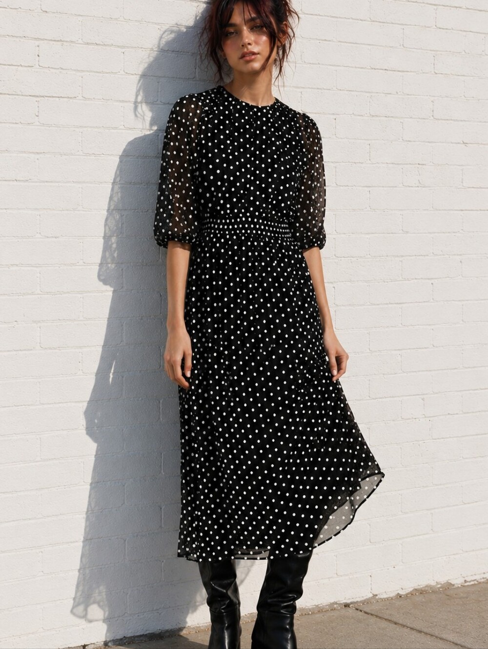 ZARA Floral Polka Dot Black Midi Dress Chiffon Semi Sheer Smocked Size Medium